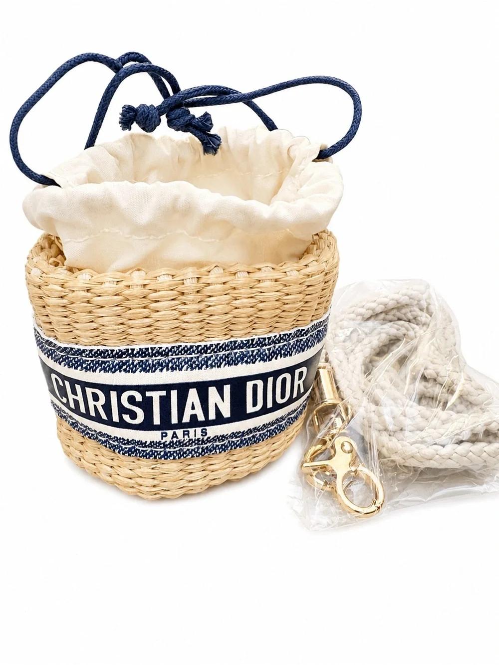 NWOT Christian Dior Beauty VIP Mini Straw Drawstring Bucket Crossbody Pouch